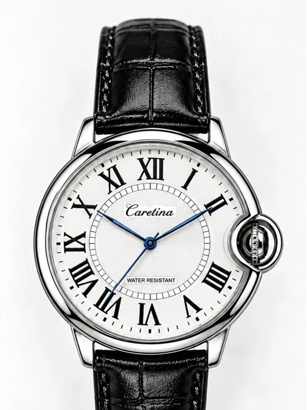 Men's Black Leather Strap Silver Case Watch - White Dial